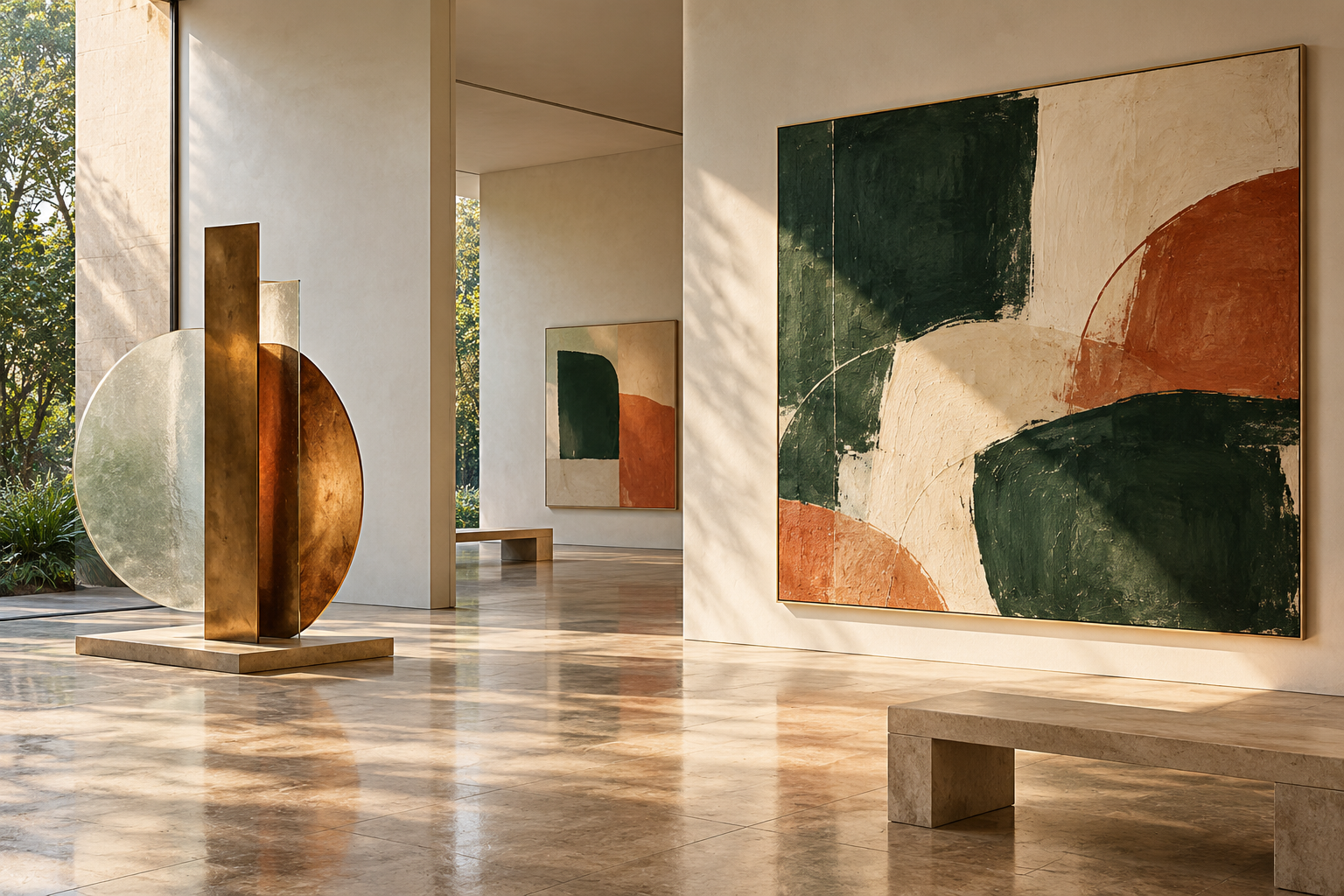 Galeria imaginária iluminada por luz natural, com pinturas abstratas em verde e terracota e uma escultura de formas curvas em metal e vidro.
