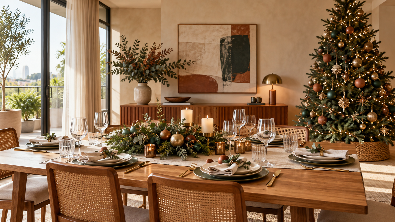 Ilustração de sala de jantar com mesa de madeira posta, arranjo baixo de folhagens e velas, louças claras e árvore de Natal em tons verdes e dourados à direita.